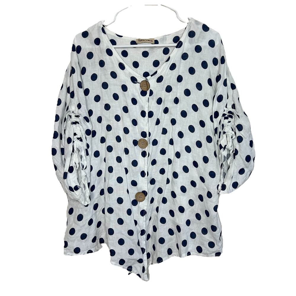 Tera Bora Blue White Polka Dot Hippy Linen Lagenlook Button Blouse Large Ae24